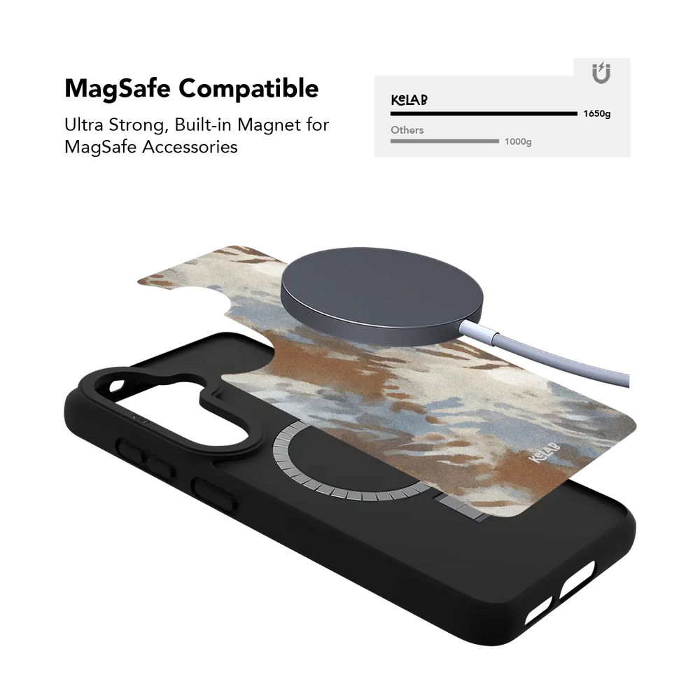 Watercolor abstract Samsung Galaxy case holding a magnetic wireless charger through the built in ring