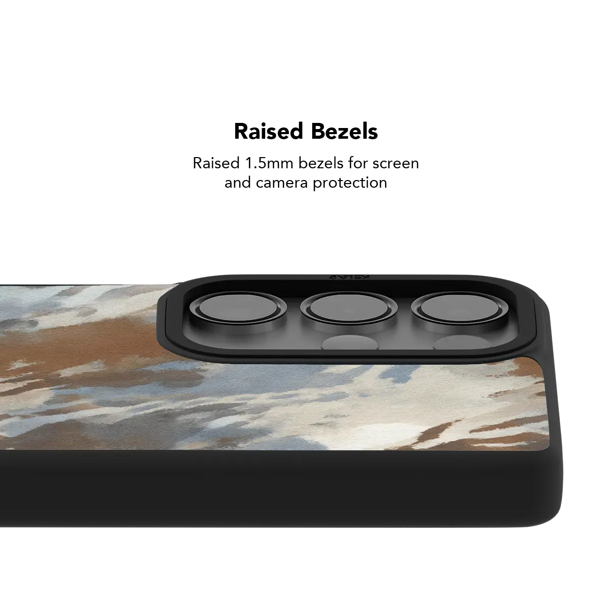 Raised bezel on the watercolor abstract Galaxy case lifting the camera lenses clear of a flat surface