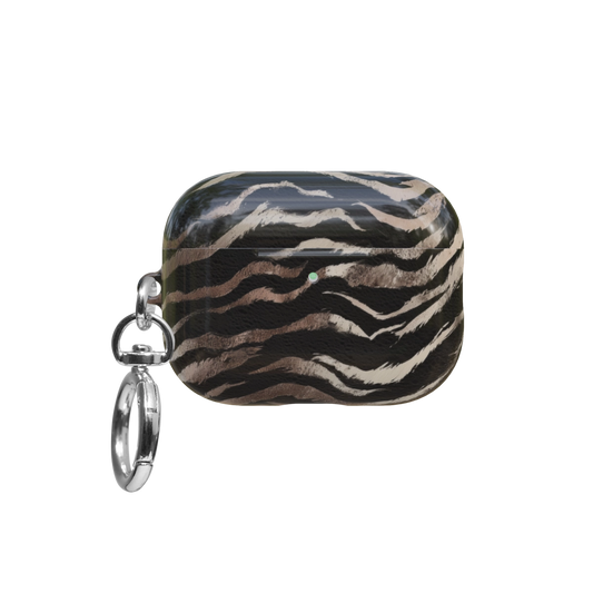 Zebra Stripe airpods pro case front view with closed lid and keychain