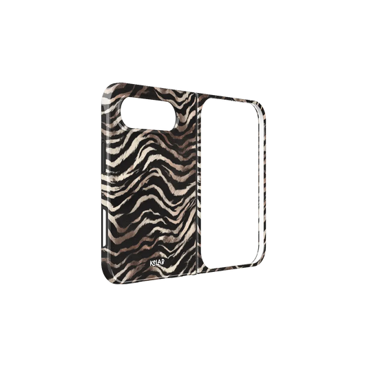 Zebra Stripe, Safari iPhone 18 Fold Case, unfolded side view showing the hinge