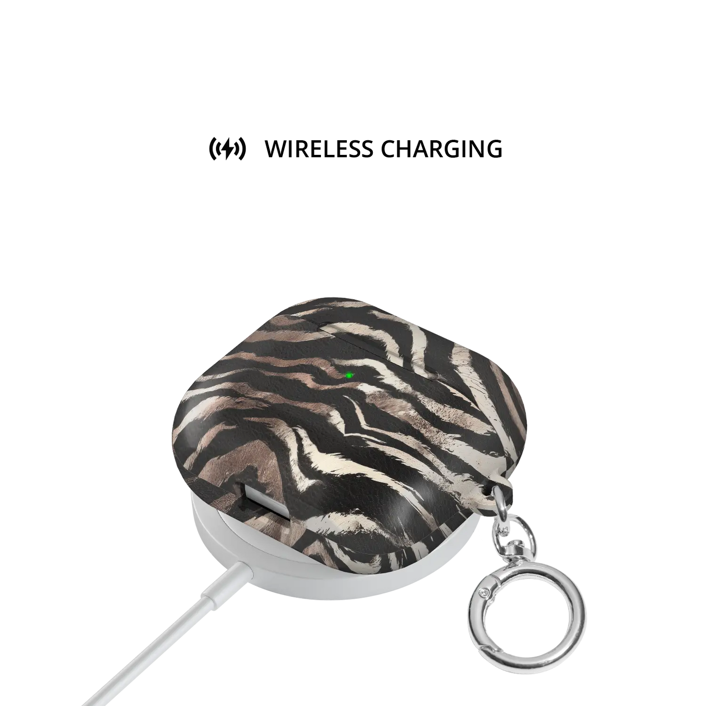 Shadow Striker | Zebra Stripe AirPods Case - shown on wireless charger