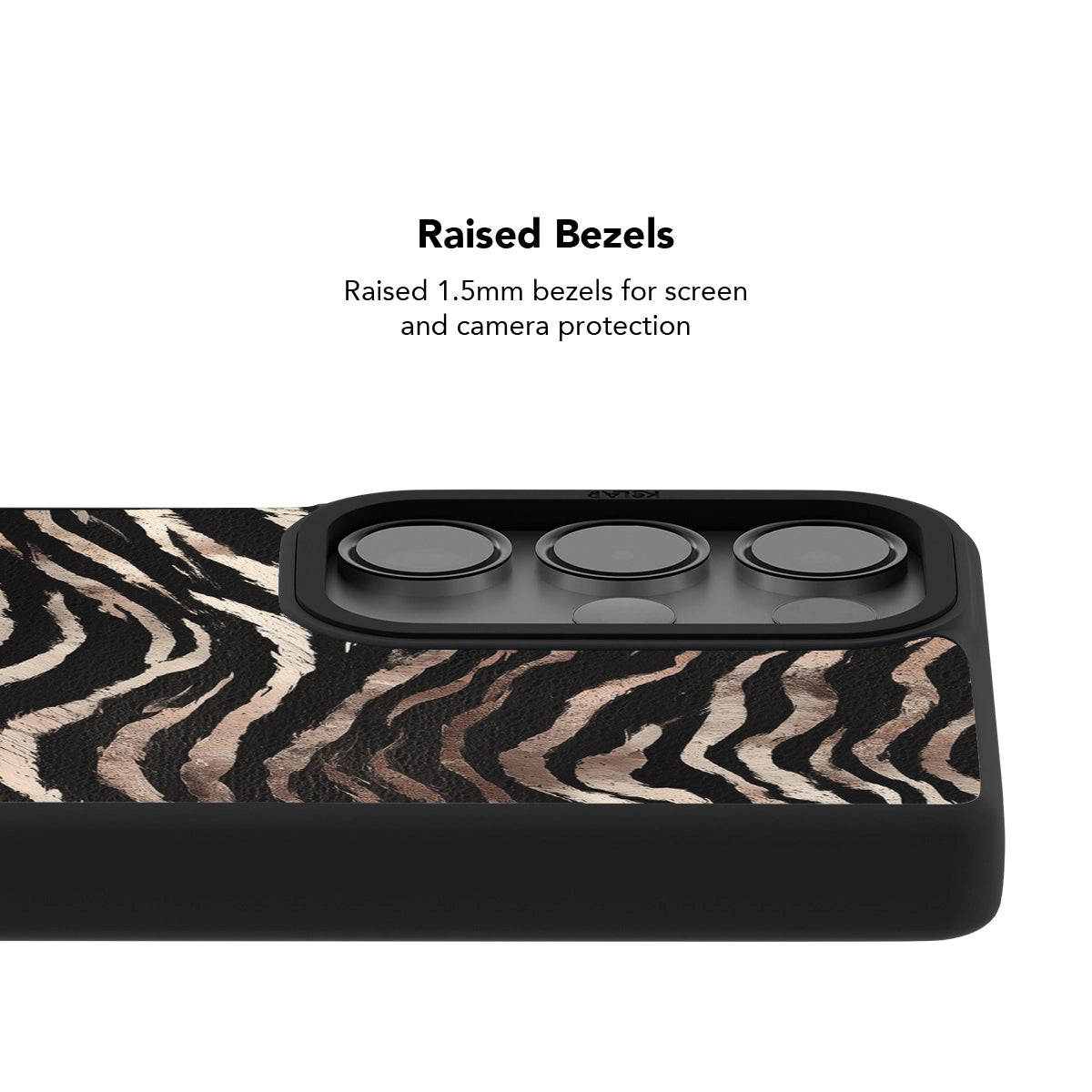 Samsung Galaxy phone case in black and beige zebra pattern with raised bezels for screen and camera protection