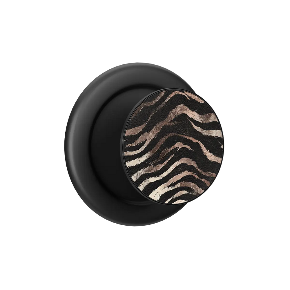 Black and beige zebra stripe MagSafe phone grip with built-in strong magnets and pop grip design.