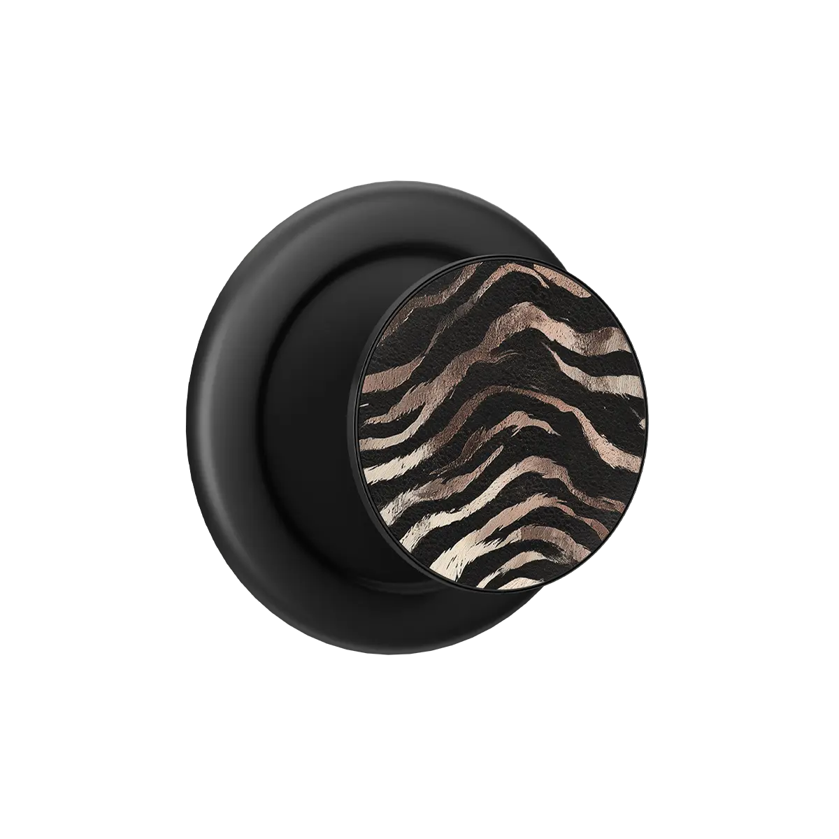 Black and beige zebra stripe MagSafe phone grip with built-in strong magnets and pop grip design.