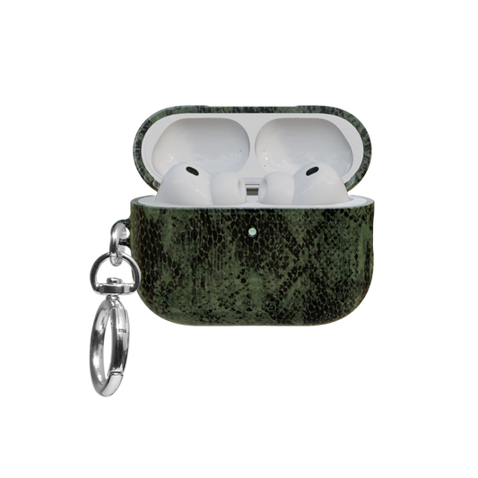 Olive Snake Print airpods pro case front view with open lid and keychain