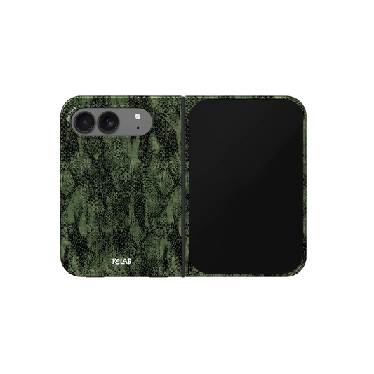 Olive Snakeskin iPhone 18 Fold Case, unfolded front view