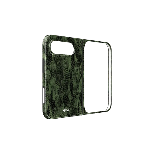 Olive Snakeskin iPhone 18 Fold Case, unfolded side view showing the hinge