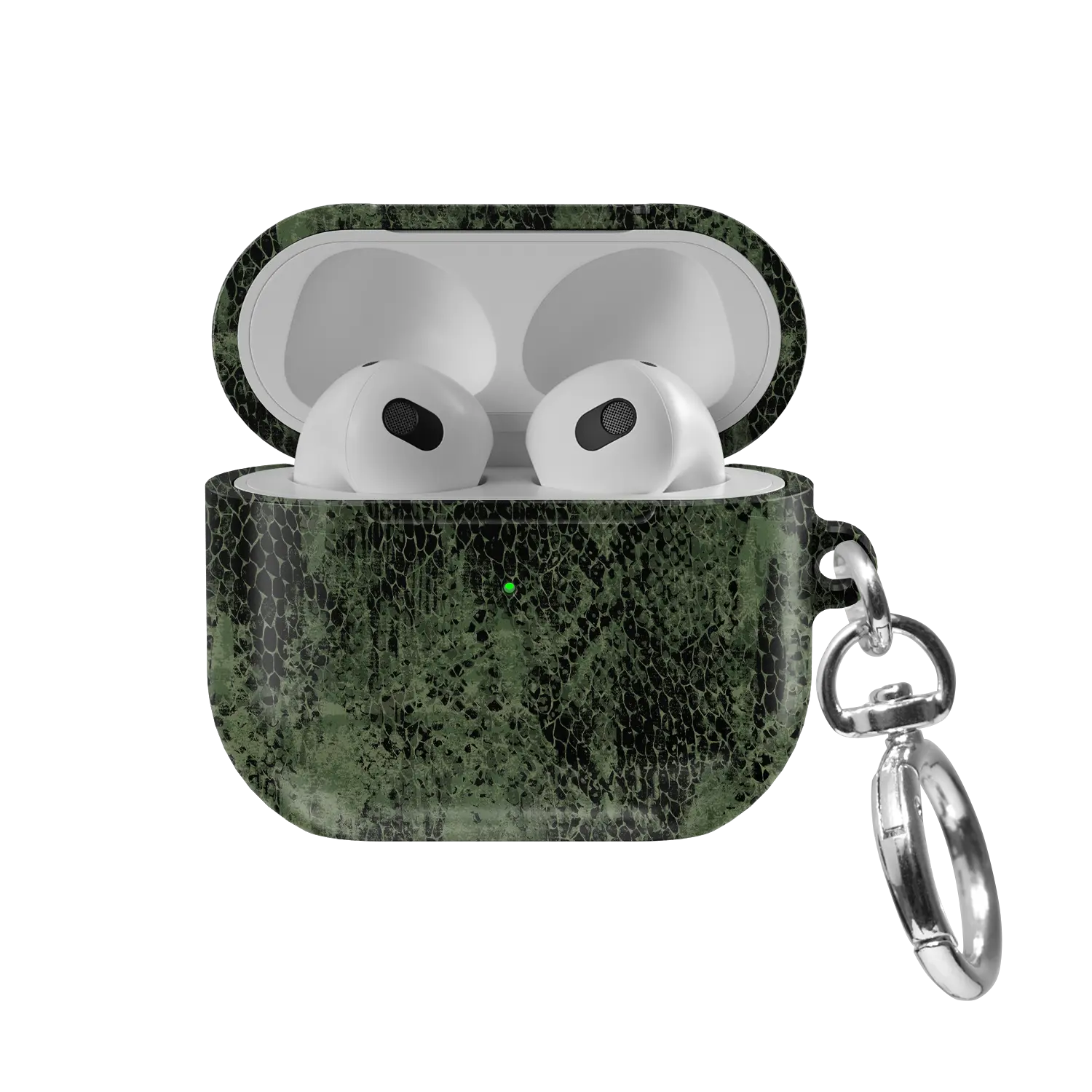 Olive Snake Print AirPods Case, front view with lid open