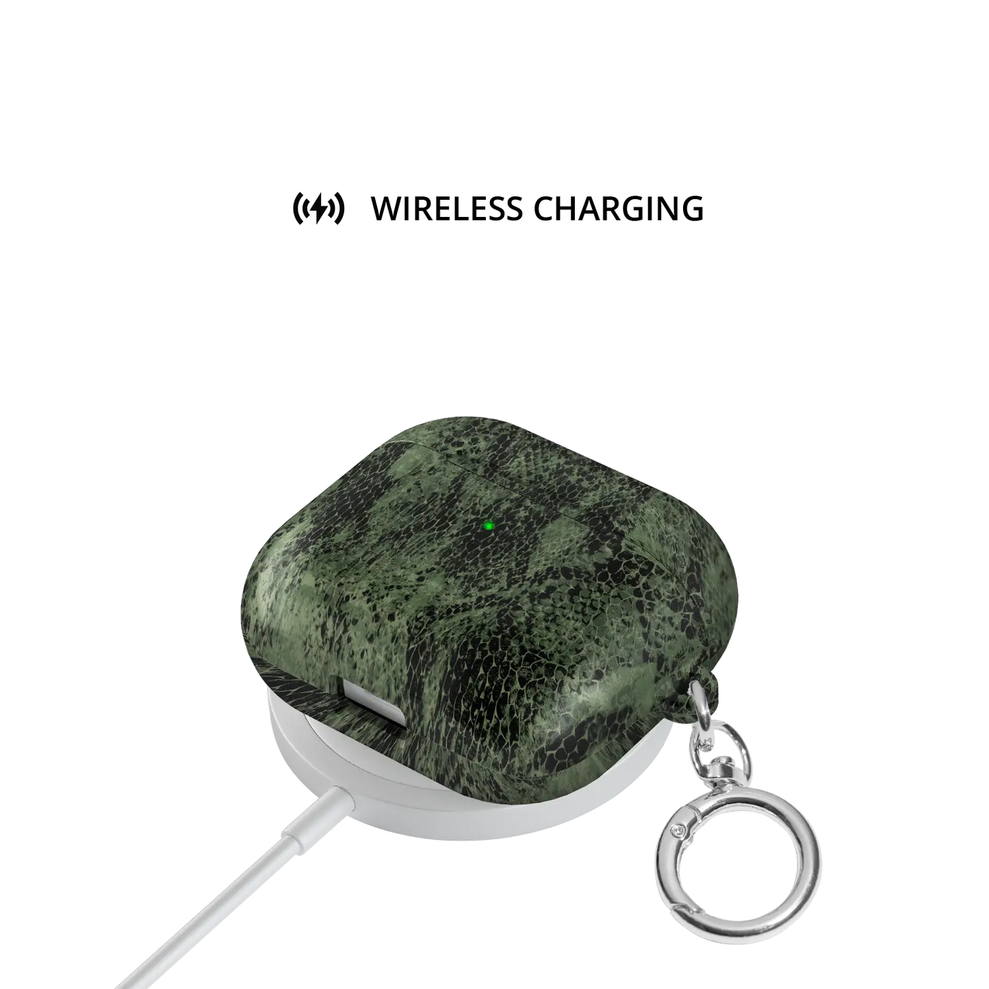 Olive Snake Print AirPods Case, on wireless charger