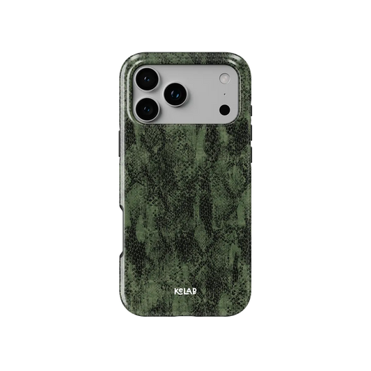 Olive Green Snake Print iPhone Case, back view showing full coverage and camera cutout