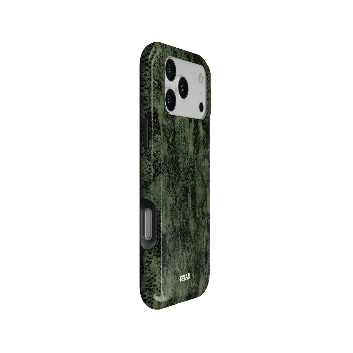 Olive Green Snake Print iPhone Case, side angle view showing precise button cutouts and wraparound edge