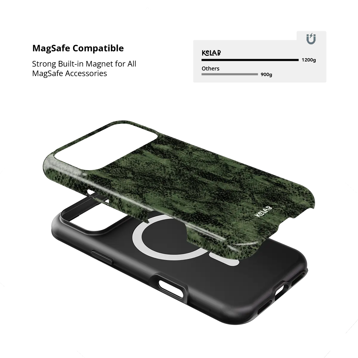 Olive Green Snake Print iPhone Case, MagSafe compatible with built-in magnet strength