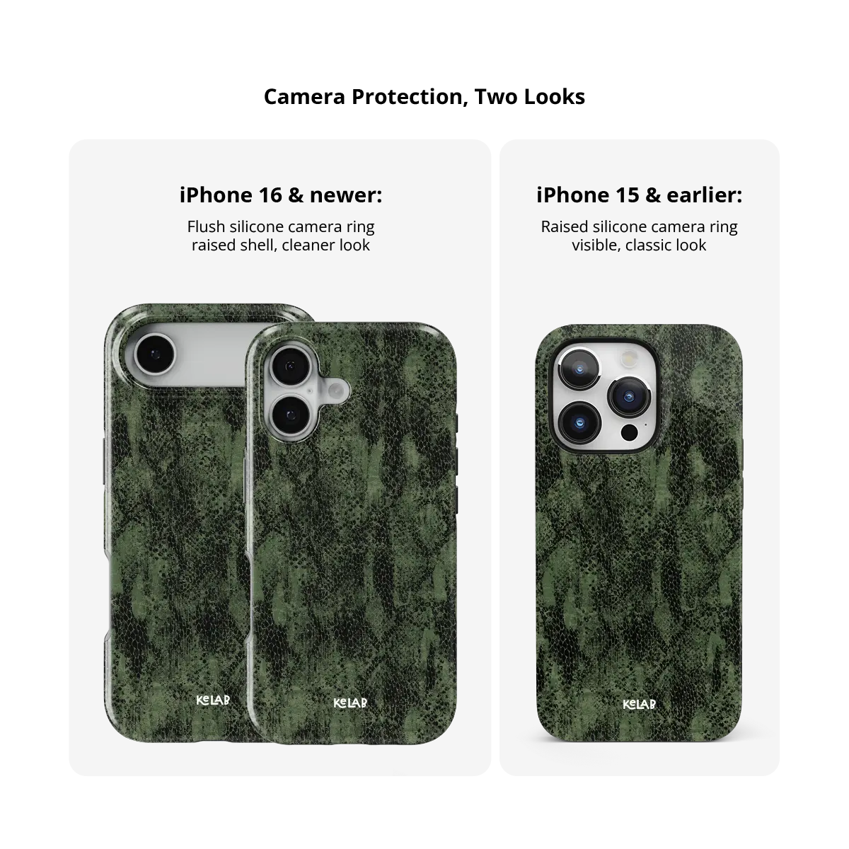 Olive Green Snake Print iPhone Case, camera protection and iPhone model size comparison