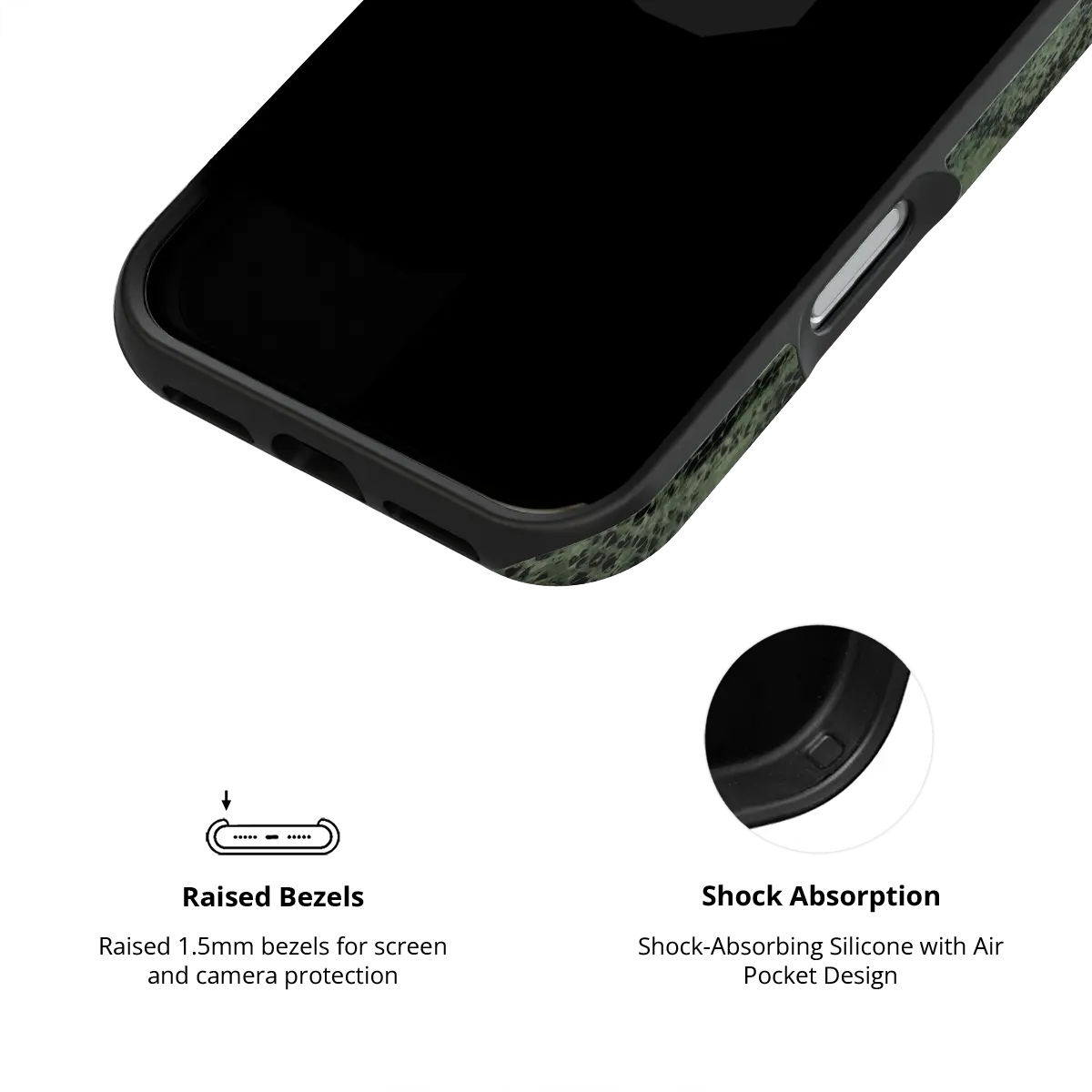 Olive Green Snake Print iPhone Case, raised bezel design for shock absorption