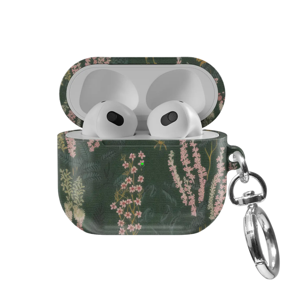 Heather & Hearth bookish floral AirPods case in deep olive green, front view with lid open