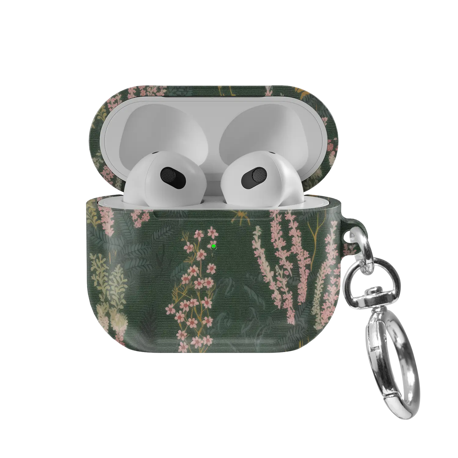 Heather & Hearth bookish floral AirPods case in deep olive green, front view with lid open