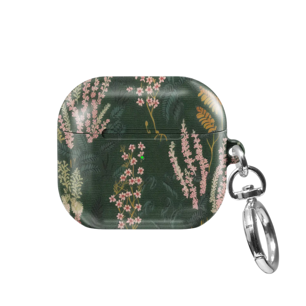 Heather & Hearth pressed-flower floral AirPods case in deep olive green, front view