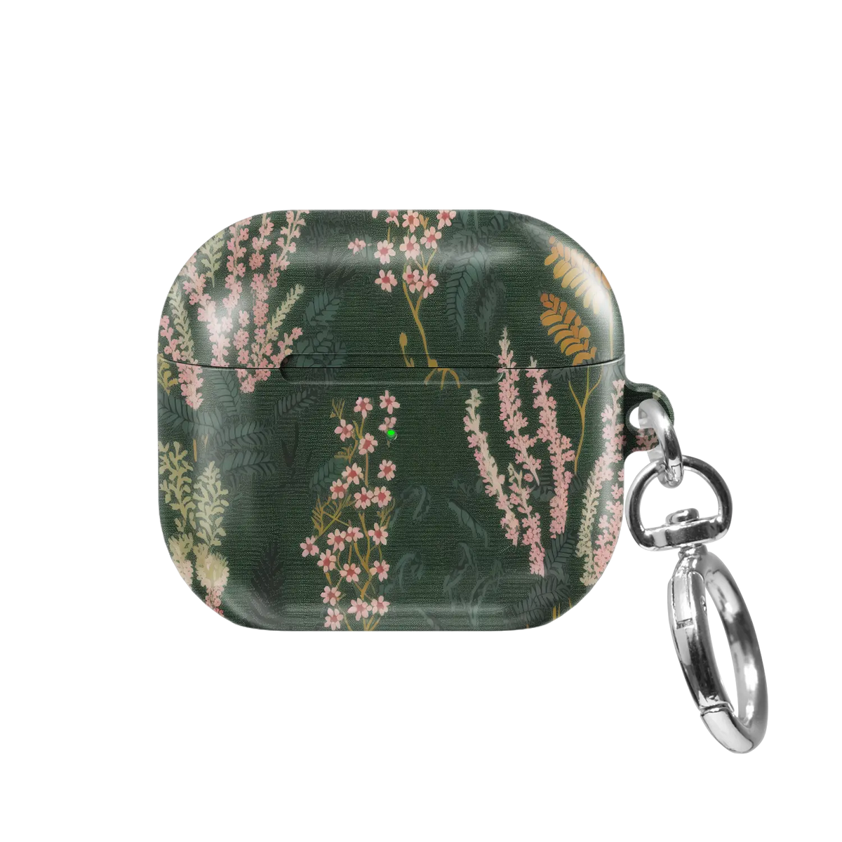 Heather & Hearth pressed-flower floral AirPods case in deep olive green, front view