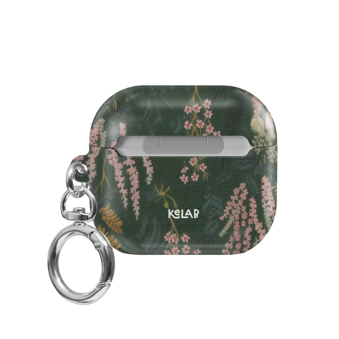 Back view of the Heather & Hearth dark academia floral AirPods case in deep olive green