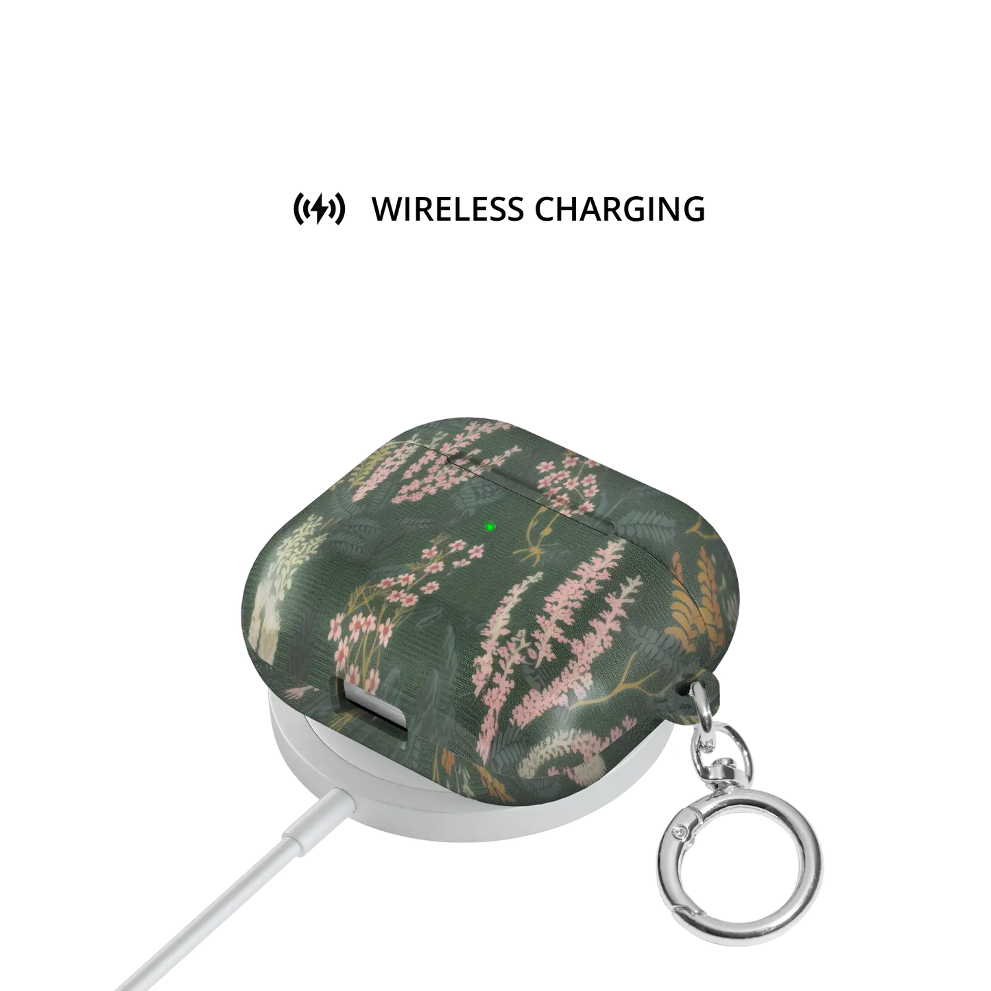 Heather & Hearth floral AirPods case on a wireless charger, MagSafe compatible