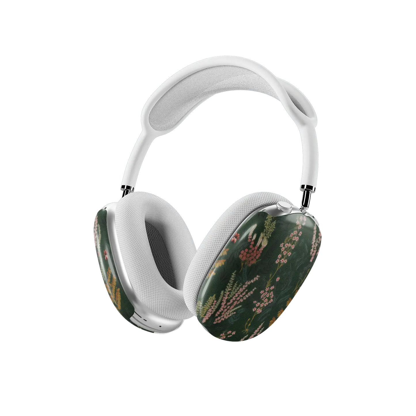 Angled three-quarter view of the Heather & Hearth bookish floral AirPods Max cover