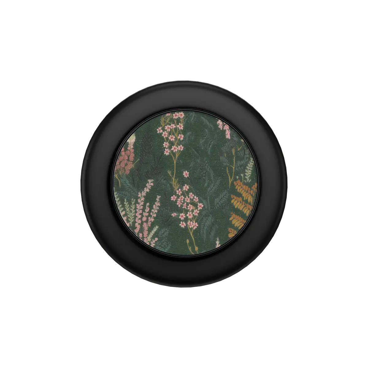 Heather & Hearth floral MagSafe grip in Black, collapsed flat top view