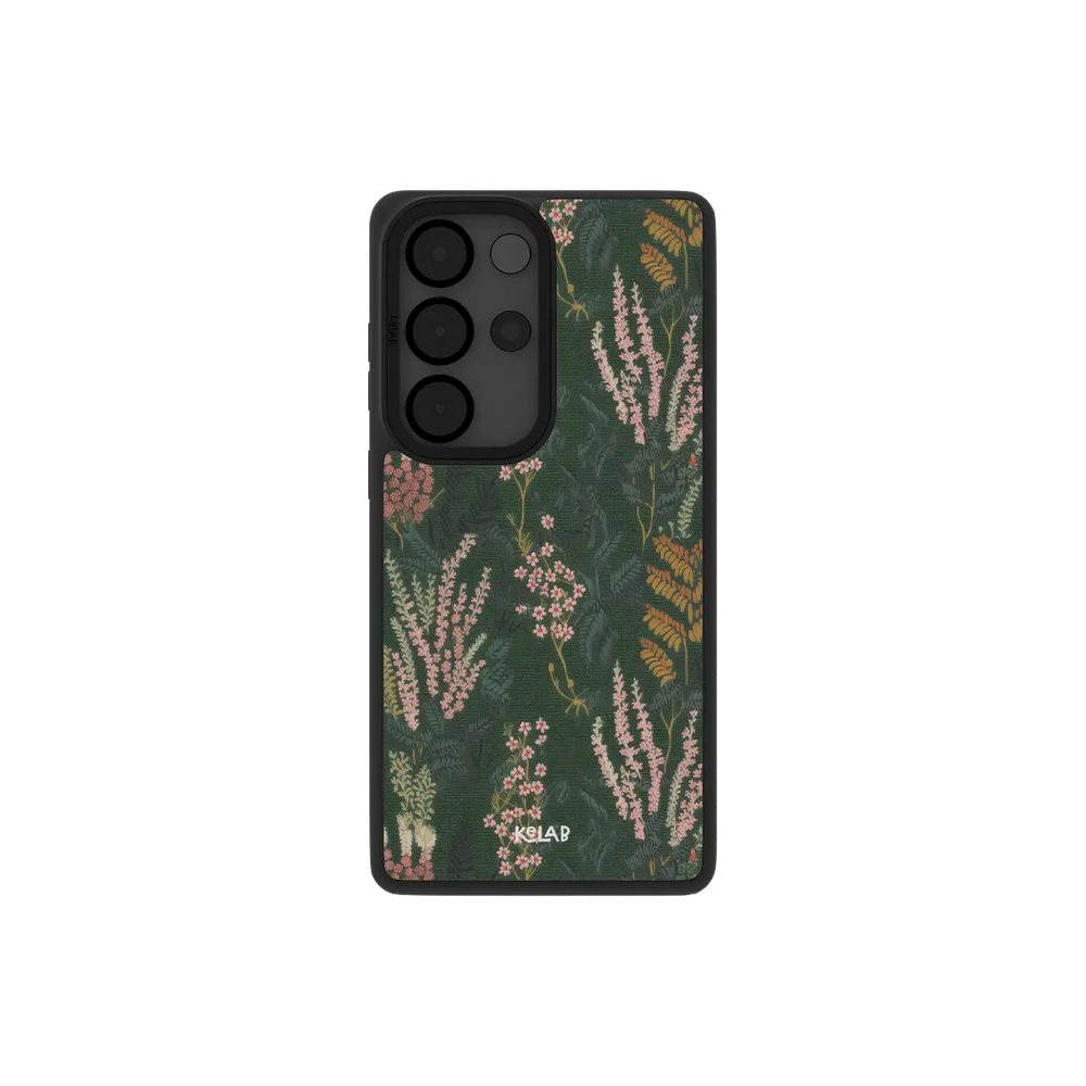 Samsung Galaxy phone case in black with a floral pattern on a dark green background