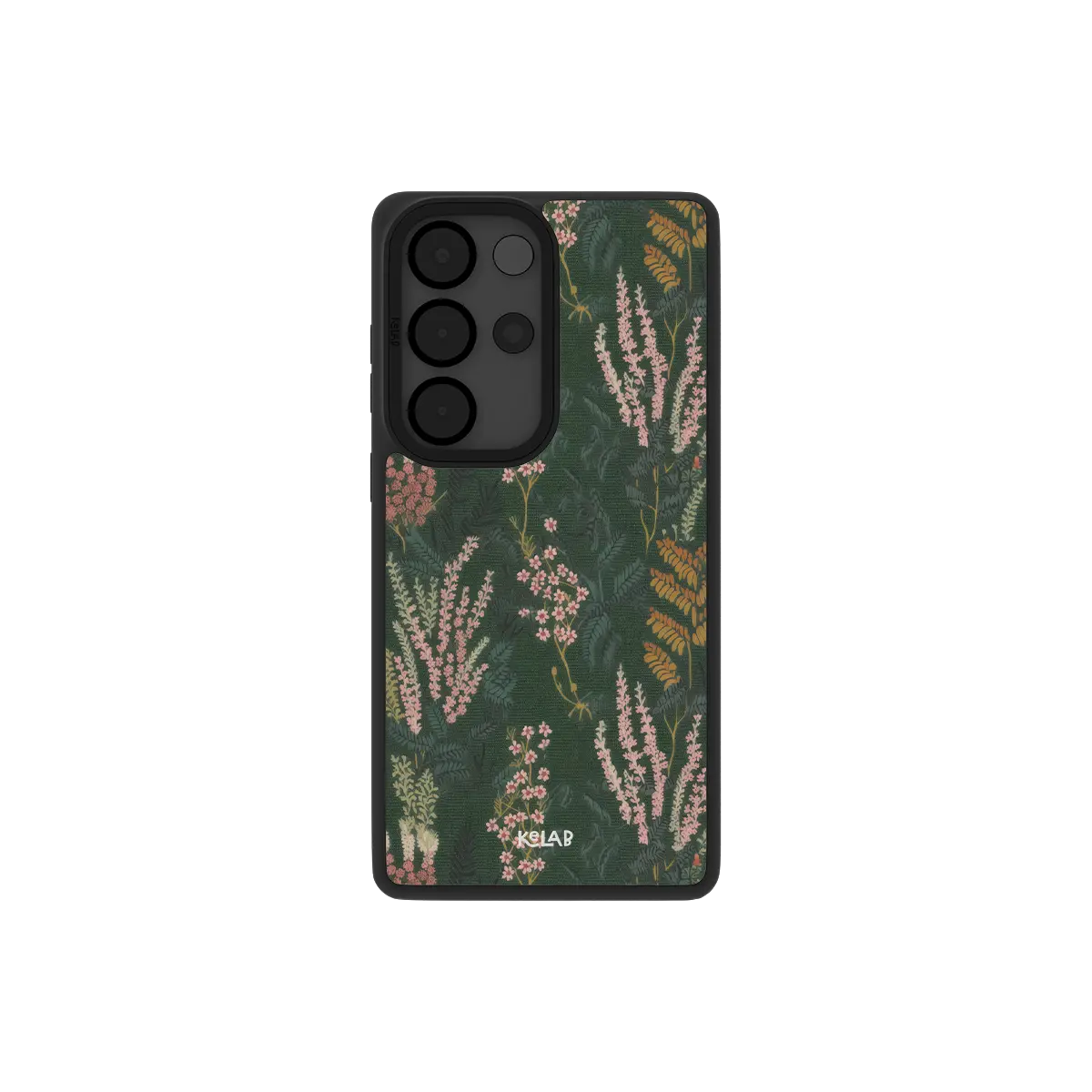 Samsung Galaxy phone case in black with a floral pattern on a dark green background