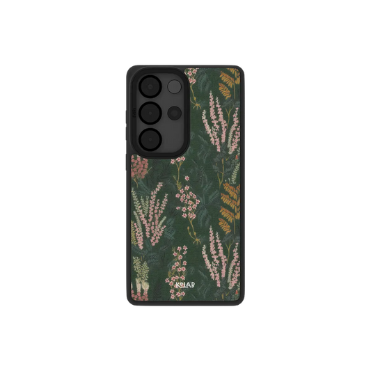 Samsung Galaxy phone case in black with a floral pattern on a dark green background