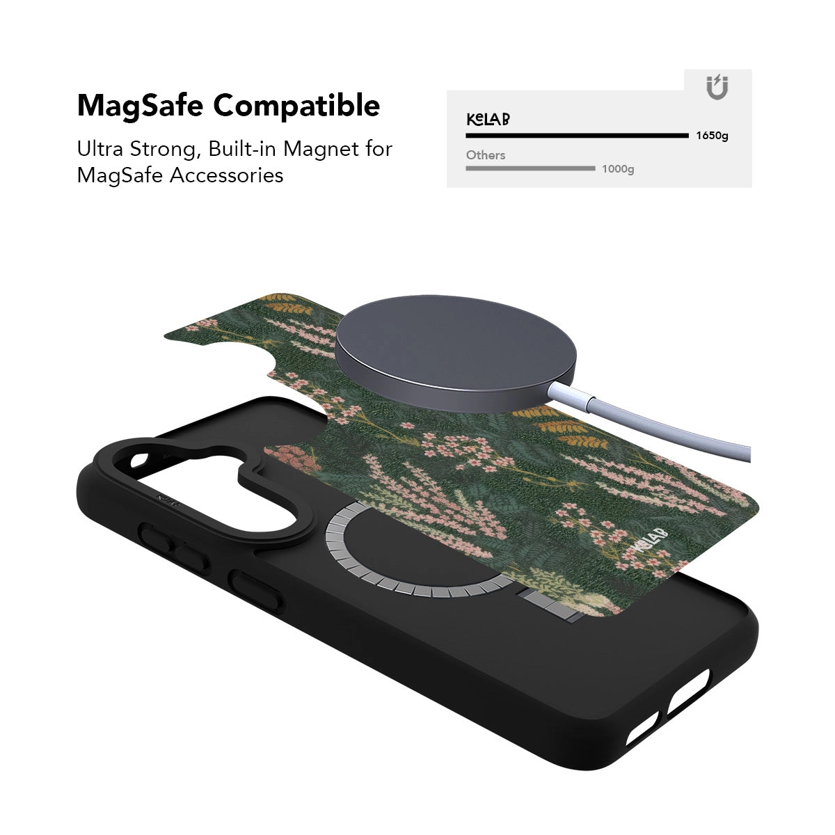 Samsung Galaxy phone case in classic black with floral pattern and MagSafe compatibility