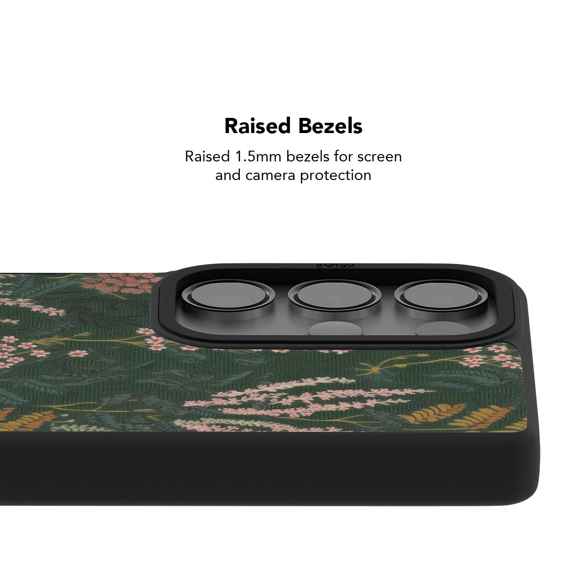 Samsung Galaxy phone case in navy with a floral pattern and raised bezels for screen protection