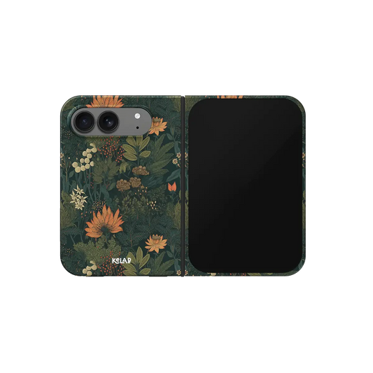 Forest Green Floral, Gothic Botanical iPhone 18 Fold Case, unfolded front view