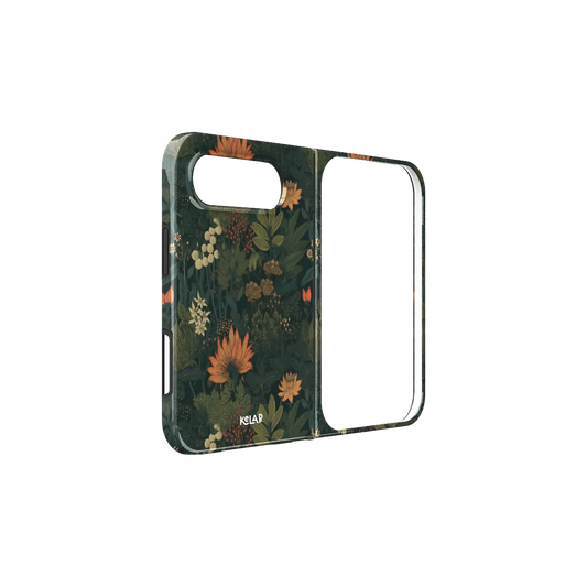 Forest Green Floral, Gothic Botanical iPhone 18 Fold Case, unfolded side view showing the hinge