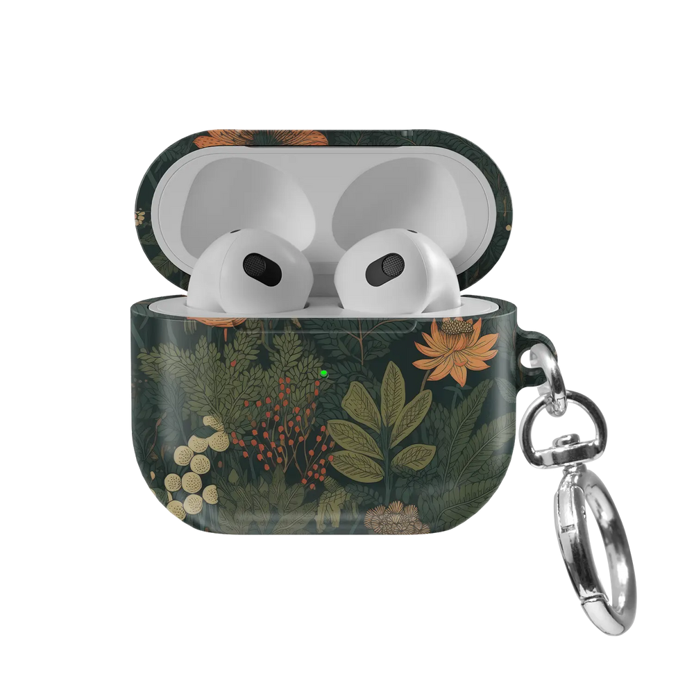 Elderberry Enchantment gothic botanical floral AirPods case in forest green, front view with lid open