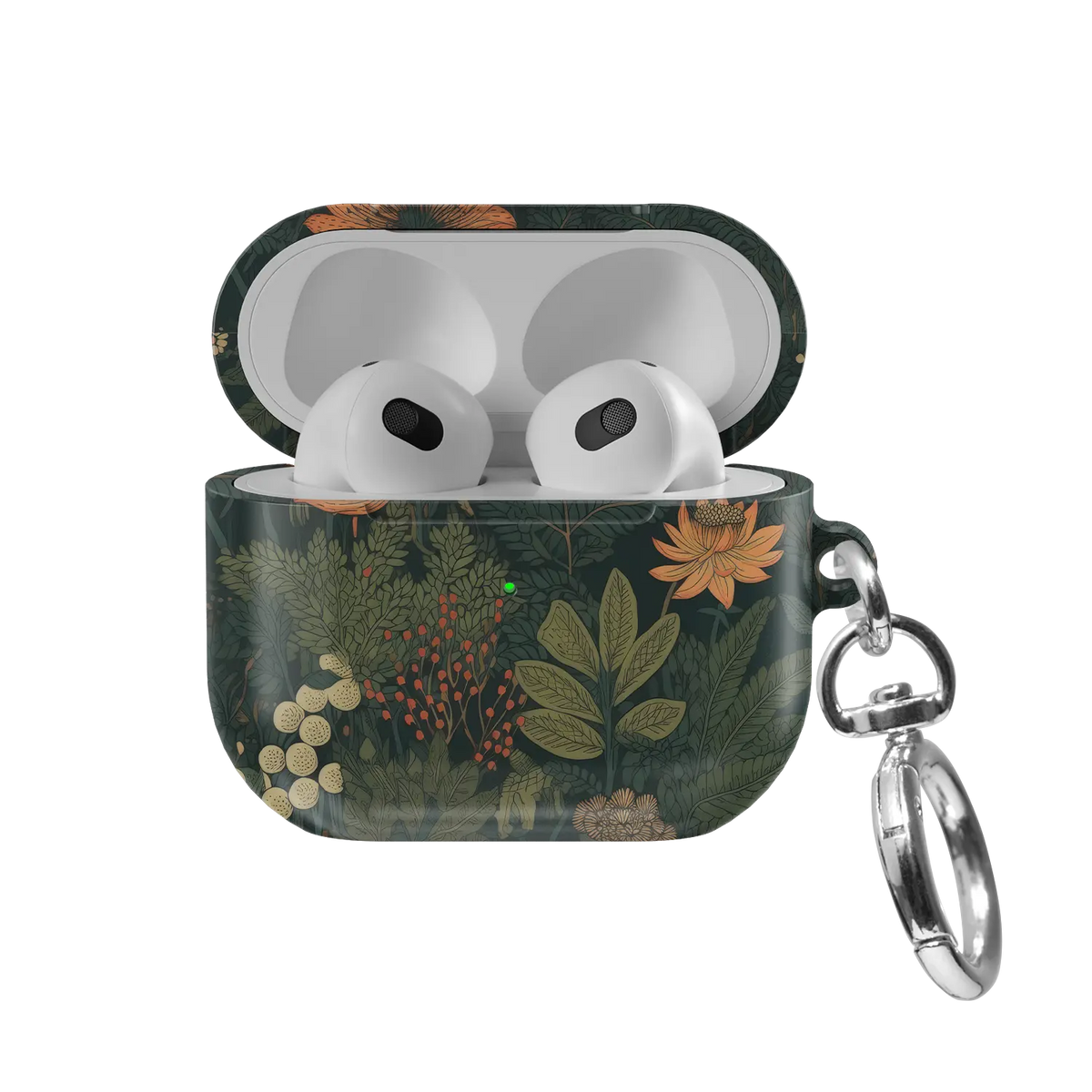 Elderberry Enchantment gothic botanical floral AirPods case in forest green, front view with lid open