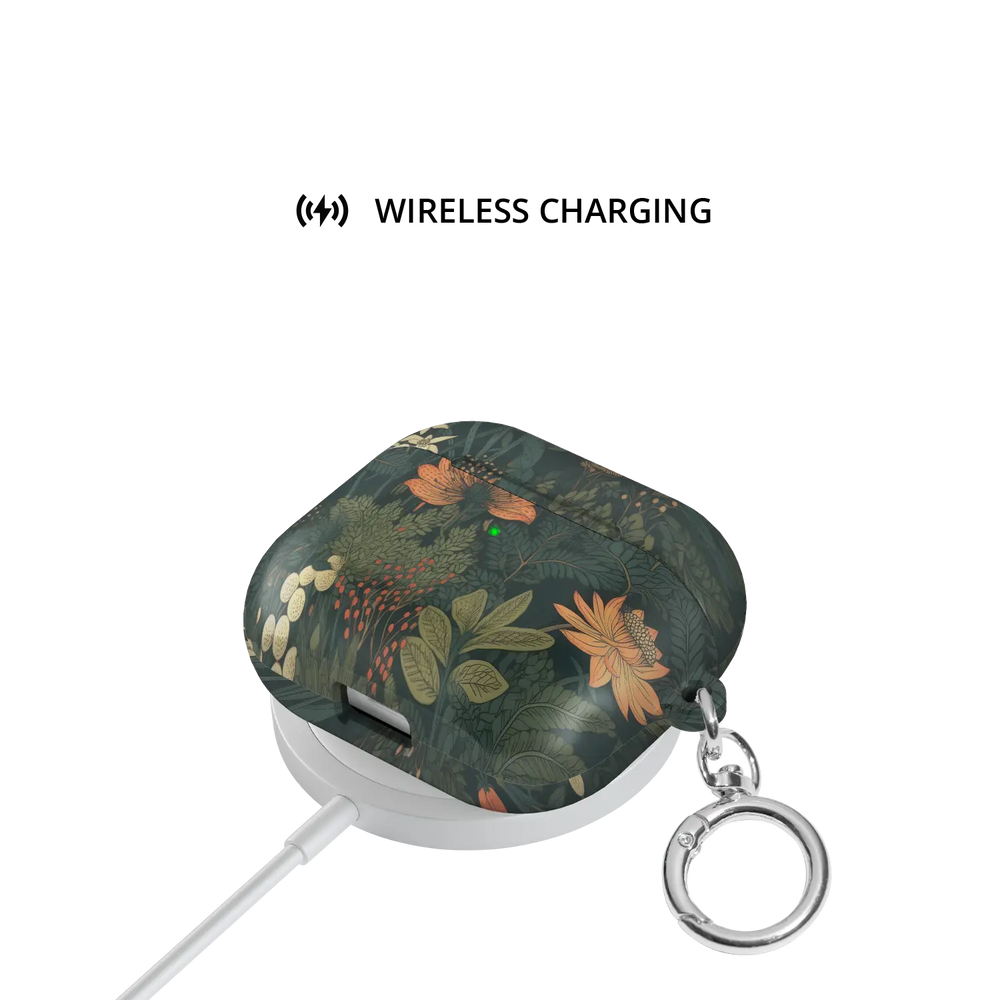 Elderberry Enchantment floral AirPods case on a wireless charger, MagSafe compatible