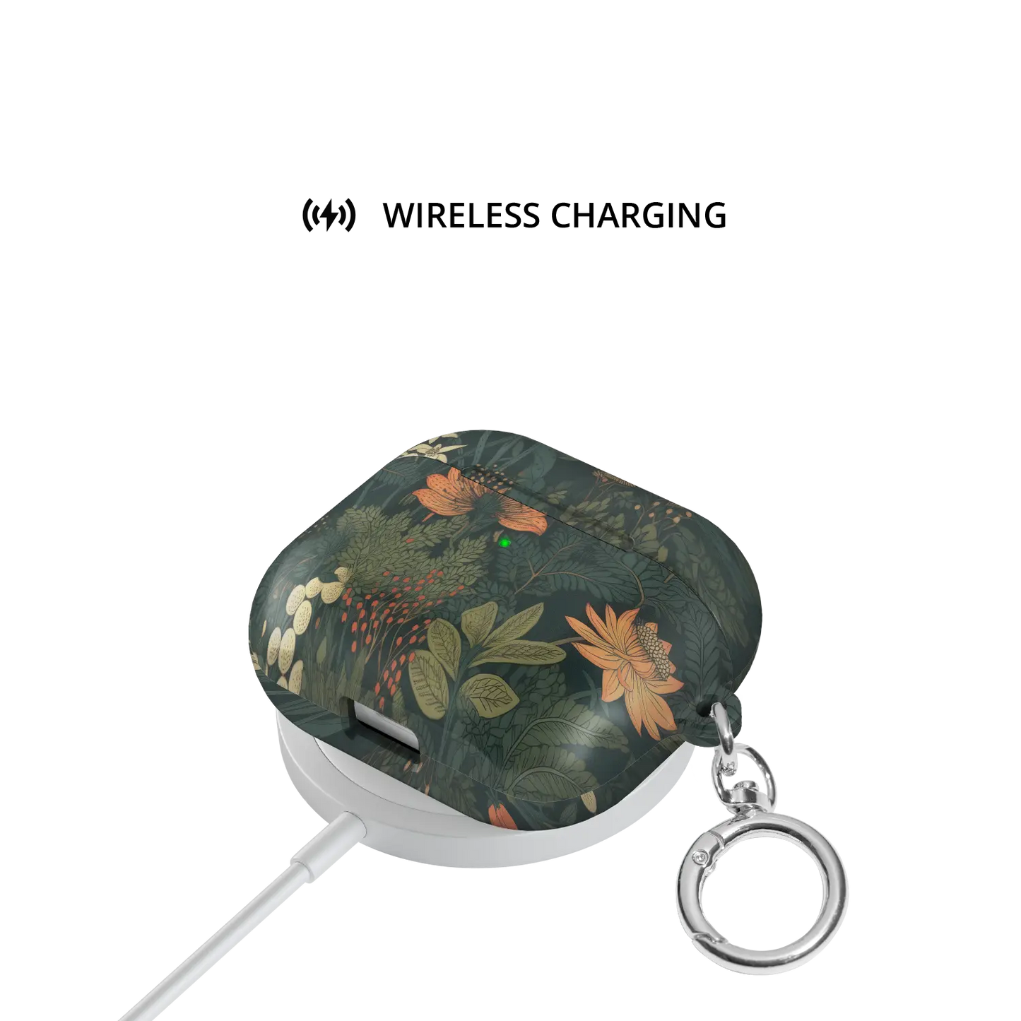 Elderberry Enchantment floral AirPods case on a wireless charger, MagSafe compatible