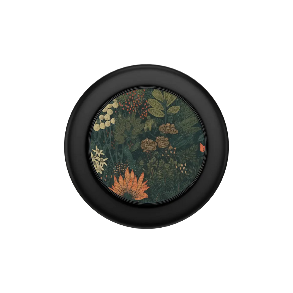 Elderberry Enchantment floral MagSafe grip in Black, collapsed flat top view