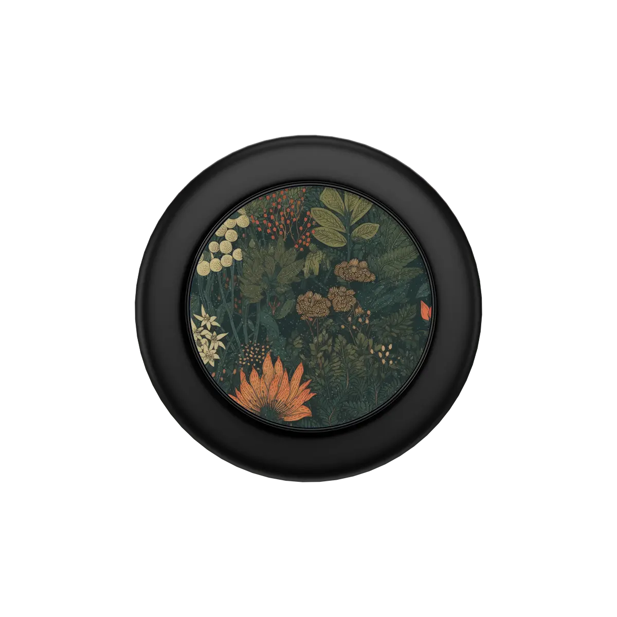 Elderberry Enchantment floral MagSafe grip in Black, collapsed flat top view
