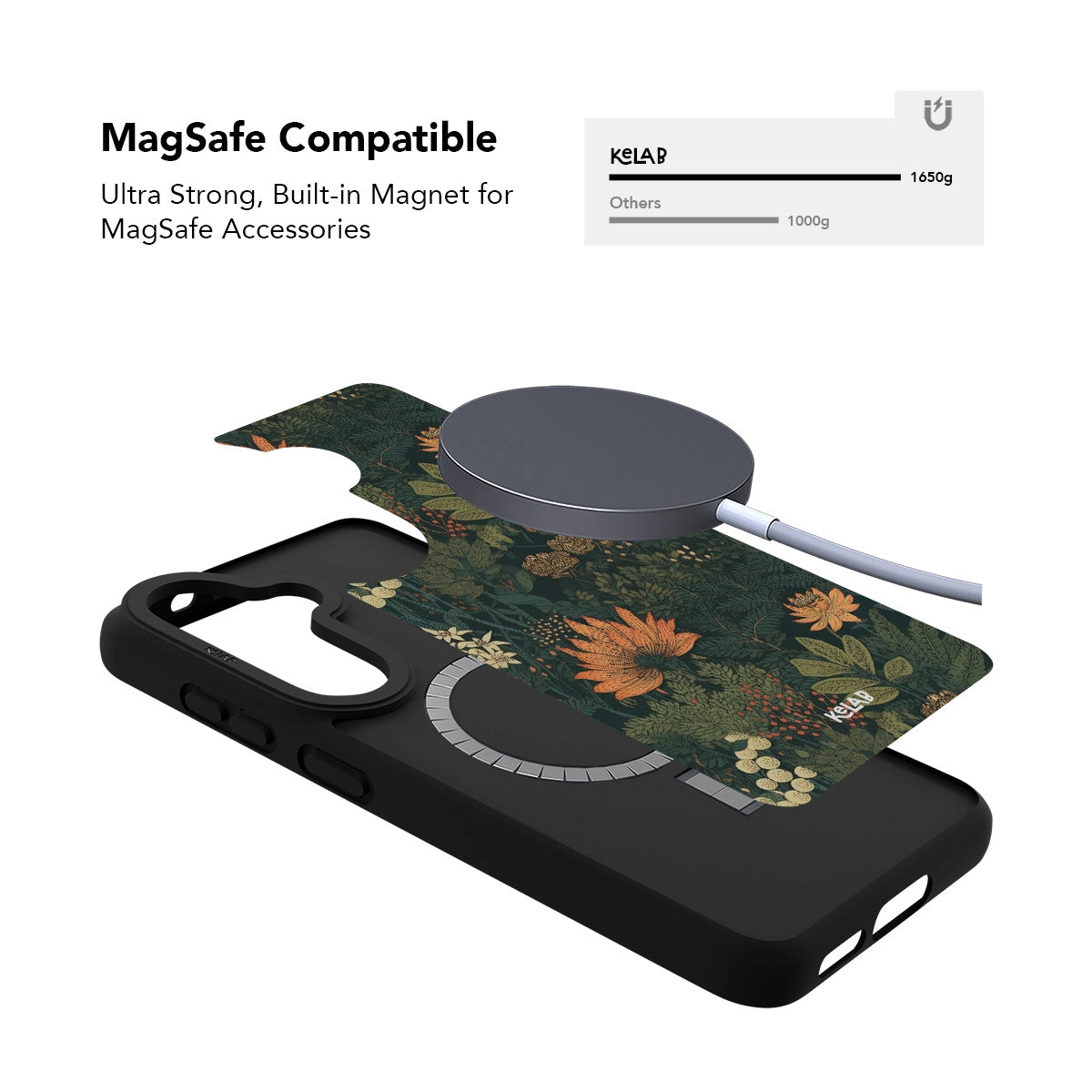 Samsung Galaxy phone case in navy with floral pattern and MagSafe compatibility for secure attachment