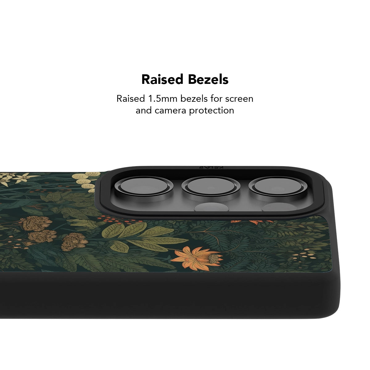 Samsung Galaxy phone case in navy with a floral pattern and raised bezels for screen protection
