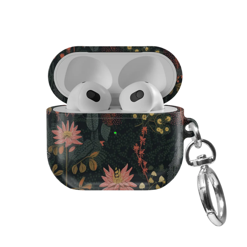 Starlit Botanica midnight floral AirPods case in dark green, front view with lid open