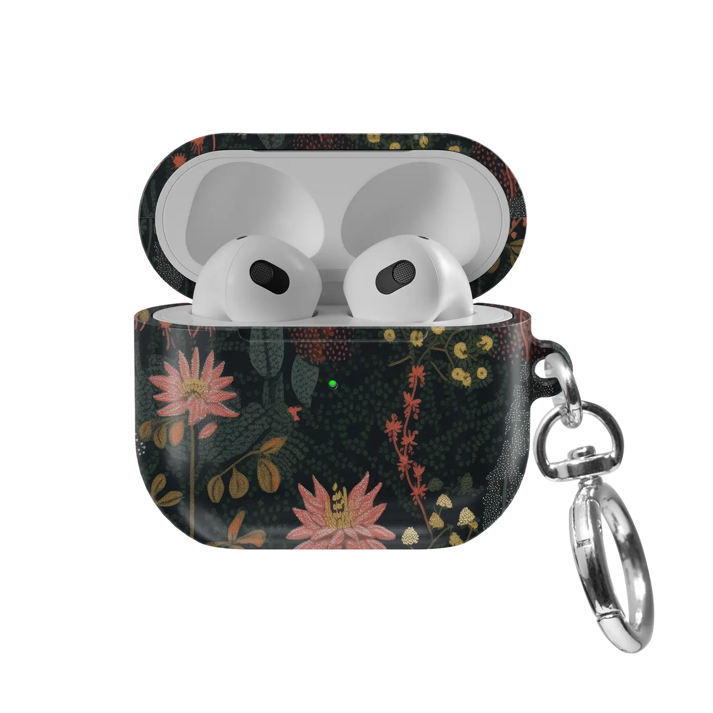 Starlit Botanica midnight floral AirPods case in dark green, front view with lid open