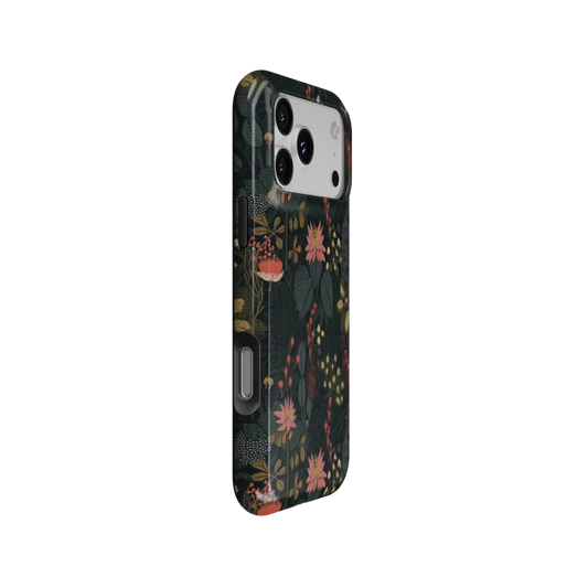 Celestial Floral, Starry Night Garden iPhone Case, side angle view showing precise button cutouts and wraparound edge