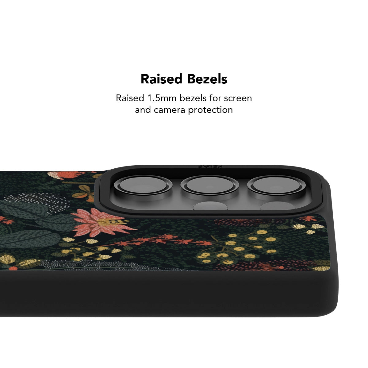 Samsung Galaxy phone case in navy with floral pattern and raised bezels for screen protection