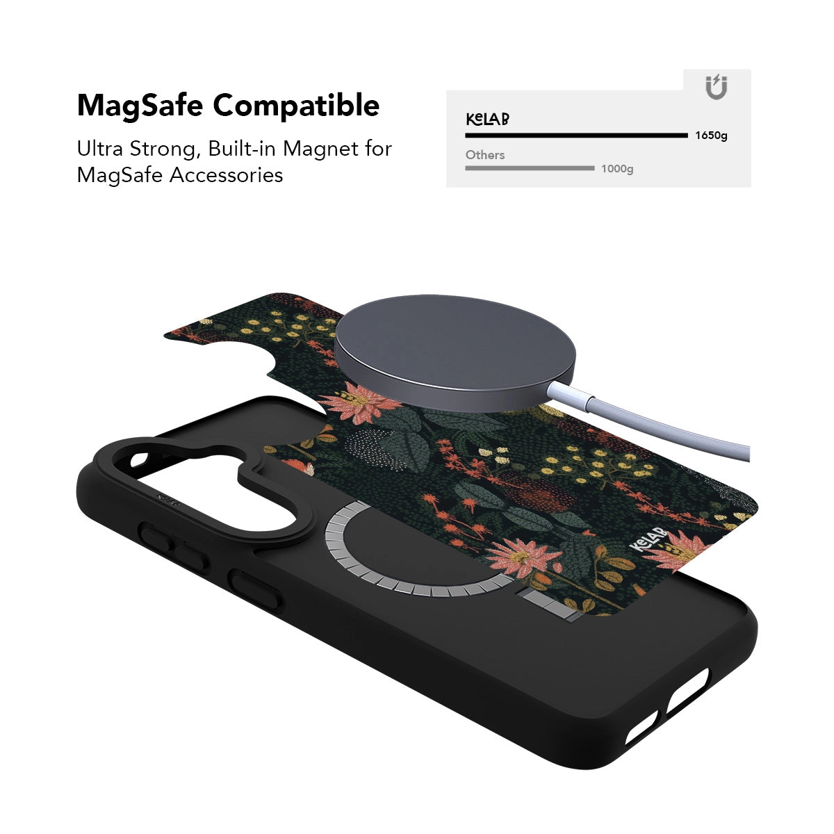 Samsung Galaxy phone case in black with floral pattern and MagSafe compatibility for secure attachment