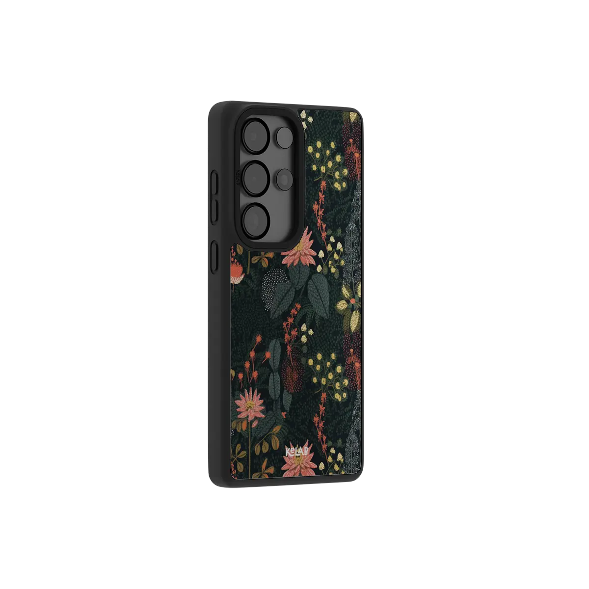 Floral patterned Samsung Galaxy phone case in black TPU material with a minimalist design