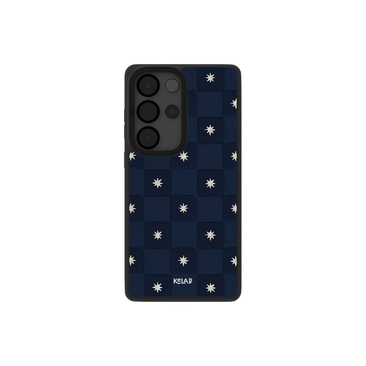 Navy checkerboard Samsung Galaxy case, back view with celestial star checks around the camera cutout