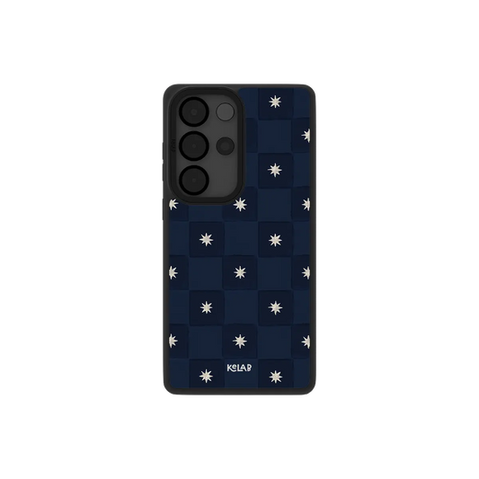 Navy checkerboard Samsung Galaxy case, back view with celestial star checks around the camera cutout