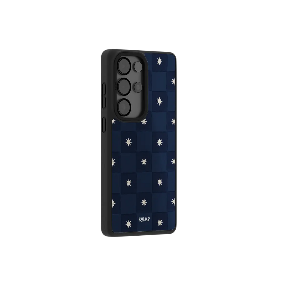 Navy checkerboard Samsung Galaxy case at a side angle showing the wrapped button covers